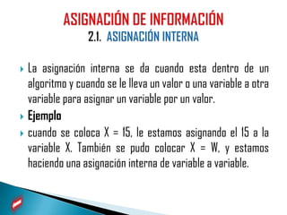  La asignación interna se da cuando esta dentro de un
  algoritmo y cuando se le lleva un valor o una variable a otra
  variable para asignar un variable por un valor.
 Ejemplo
 cuando se coloca X = 15, le estamos asignando el 15 a la
  variable X. También se pudo colocar X = W, y estamos
  haciendo una asignación interna de variable a variable.
 