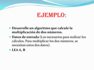 DATOS DE SALIDA Es el lugar donde se IMPRIMEN o MUESTRAN todas las variables que almacenaron los cálculos. Siempre empiezan con la palabra IMPRIMIR, IMP o ESCRIBA, y a continuación van los nombres de esas variables separadas por coma (,). 