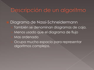Descripción de un algoritmoDiagrama de Nassi-SchneidermannTambién se denominan diagramas de caja.Menos usado que el diagrama de flujoMas ordenadoOcupa mucho espacio para representar algoritmos complejos.