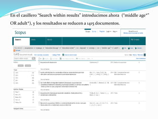 En el casillero “Search within results” introducimos ahora (“middle age*”
OR adult*), y los resultados se reducen a 1415 documentos.
 