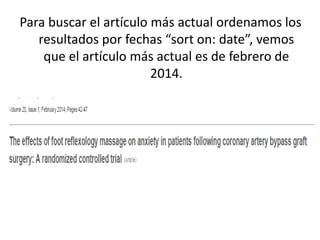 Para buscar el artículo más actual ordenamos los
resultados por fechas “sort on: date”, vemos
que el artículo más actual es de febrero de
2014.
 