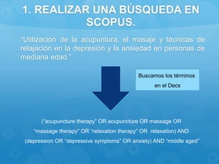 1. REALIZAR UNA BÚSQUEDA EN
SCOPUS.
“Utilización de la acupuntura, el masaje y técnicas de
relajación en la depresión y la ansiedad en personas de
mediana edad.”
(“acupuncture therapy” OR acupuncture OR massage OR
“massage therapy” OR “relaxation therapy” OR relaxation) AND
(depression OR “depressive symptoms” OR anxiety) AND “middle aged”
Buscamos los términos
en el Decs
 