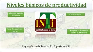 Niveles básicos de productividad
Ley orgánica de Desarrollo Agrario Art 34
Adoptara medidas
necesarias
Para el rescate de
tierras
Justicia Social
Asegurar el desarrollo
agrario Sustentable
 