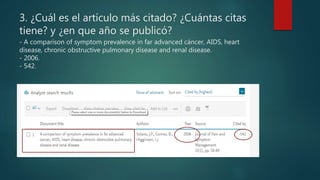 3. ¿Cuál es el artículo más citado? ¿Cuántas citas
tiene? y ¿en que año se publicó?
- A comparison of symptom prevalence in far advanced cáncer, AIDS, heart
disease, chronic obstructive pulmonary disease and renal disease.
- 2006.
- 542.
 