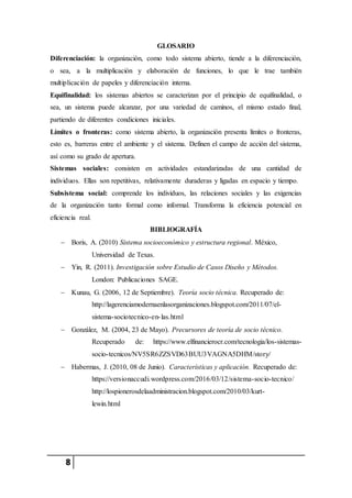 8
GLOSARIO
Diferenciación: la organización, como todo sistema abierto, tiende a la diferenciación,
o sea, a la multiplicación y elaboración de funciones, lo que le trae también
multiplicación de papeles y diferenciación interna.
Equifinalidad: los sistemas abiertos se caracterizan por el principio de equifinalidad, o
sea, un sistema puede alcanzar, por una variedad de caminos, el mismo estado final,
partiendo de diferentes condiciones iniciales.
Límites o fronteras: como sistema abierto, la organización presenta límites o fronteras,
esto es, barreras entre el ambiente y el sistema. Definen el campo de acción del sistema,
así como su grado de apertura.
Sistemas sociales: consisten en actividades estandarizadas de una cantidad de
individuos. Ellas son repetitivas, relativamente duraderas y ligadas en espacio y tiempo.
Subsistema social: comprende los individuos, las relaciones sociales y las exigencias
de la organización tanto formal como informal. Transforma la eficiencia potencial en
eficiencia real.
BIBLIOGRAFÍA
 Boris, A. (2010) Sistema socioeconómico y estructura regional. México,
Universidad de Texas.
 Yin, R. (2011). Investigación sobre Estudio de Casos Diseño y Métodos.
London: Publicaciones SAGE.
 Kunau, G. (2006, 12 de Septiembre). Teoría socio técnica. Recuperado de:
http://lagerenciamodernaenlasorganizaciones.blogspot.com/2011/07/el-
sistema-sociotecnico-en-las.html
 González, M. (2004, 23 de Mayo). Precursores de teoría de socio técnico.
Recuperado de: https://www.elfinancierocr.com/tecnologia/los-sistemas-
socio-tecnicos/NV5SR6ZZSVD63BUU3VAGNA5DHM/story/
 Habermas, J. (2010, 08 de Junio). Características y aplicación. Recuperado de:
https://versionaccudi.wordpress.com/2016/03/12/sistema-socio-tecnico/
http://lospionerosdelaadministracion.blogspot.com/2010/03/kurt-
lewin.html
 