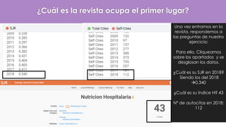 Una vez entramos en la
revista, respondemos a
las preguntas de nuestro
ejercicio:
Para ello, Cliqueamos
sobre los apartados y se
desglosan los datos.
¿Cuál es su SJR en 2018?
Siendo los del 2018
→0,340
¿Cuál es su índice H? 43
Nº de autocitas en 2018:
112
¿Cuál es la revista ocupa el primer lugar?
 