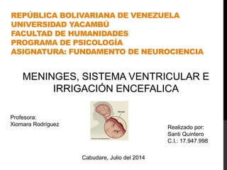 REPÚBLICA BOLIVARIANA DE VENEZUELA
UNIVERSIDAD YACAMBÚ
FACULTAD DE HUMANIDADES
PROGRAMA DE PSICOLOGÍA
ASIGNATURA: FUNDAMENTO DE NEUROCIENCIA
MENINGES, SISTEMA VENTRICULAR E
IRRIGACIÓN ENCEFALICA
Realizado por:
Santi Quintero
C.I.: 17.947.998
Profesora:
Xiomara Rodríguez
Cabudare, Julio del 2014
 