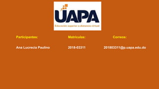 Participantes: Matriculas: Correos:
Ana Lucrecia Paulino 2018-03311 201803311@p.uapa.edu.do
 