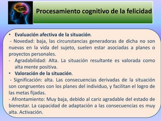 • Evaluación afectiva de la situación.
- Novedad: baja, las circunstancias generadoras de dicha no son
nuevas en la vida del sujeto, suelen estar asociadas a planes o
proyectos personales.
- Agradabilidad: Alta. La situación resultante es valorada como
alta mente positiva.
• Valoración de la situación.
- Significación: alta. Las consecuencias derivadas de la situación
son congruentes con los planes del individuo, y facilitan el logro de
las metas fijadas.
- Afrontamiento: Muy baja, debido al cariz agradable del estado de
bienestar. La capacidad de adaptación a las consecuencias es muy
alta. Activación.
Procesamiento cognitivo de la felicidad
 