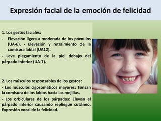Expresión facial de la emoción de felicidad
1. Los gestos faciales:
- Elevación ligera a moderada de los pómulos
(UA-6). - Elevación y retraimiento de la
comisura labial (UA12).
- Leve plegamiento de la piel debajo del
párpado inferior (UA-7).
2. Los músculos responsables de los gestos:
- Los músculos cigosomáticos mayores: Tensan
la comisura de los labios hacia las mejillas.
- Los orbiculares de los párpados: Elevan el
párpado inferior causando repliegue cutáneo.
Expresión vocal de la felicidad.
 