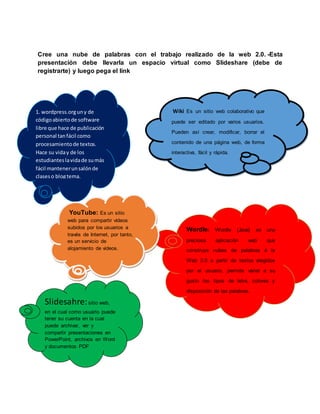 Cree una nube de palabras con el trabajo realizado de la web 2.0. -Esta
presentación debe llevarla un espacio virtual como Slideshare (debe de
registrarte) y luego pega el link
1. wordpress.orguny de
códigoabiertode software
libre que hace de publicación
personal tanfácil como
procesamientode textos.
Hace su viday de los
estudianteslavidade sumás
fácil mantenerunsalónde
claseso blogtema.
Wiki Es un sitio web colaborativo que
puede ser editado por varios usuarios.
Pueden así crear, modificar, borrar el
contenido de una página web, de forma
interactiva, fácil y rápida.
Slidesahre:sitio web,
en el cual como usuario puede
tener su cuenta en la cual
puede archivar, ver y
compartir presentaciones en
PowerPoint, archivos en Word
y documentos PDF
Wordle: Wordle [Java] es una
preciosa aplicación web que
construye nubes de palabras à la
Web 2.0 a partir de textos elegidos
por el usuario, permite variar a su
gusto los tipos de letra, colores y
disposición de las palabras.
YouTube: Es un sitio
web para compartir vídeos
subidos por los usuarios a
través de Internet, por tanto,
es un servicio de
alojamiento de videos.
 