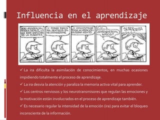 Influencia en el aprendizaje
 La ira dificulta la asimilación de conocimientos, en muchas ocasiones
impidiendo totalmente el proceso de aprendizaje.
 La ira desvia la atención y paraliza la memoria activa vital para aprender.
 Los centros nerviosos y los neurotransmisores que regulan las emociones y
la motivación están involucrados en el proceso de aprendizaje también.
 Es necesario regular la intensidad de la emoción (ira) para evitar el bloqueo
inconsciente de la información.
 