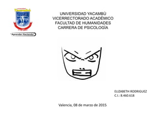 UNIVERSIDAD YACAMBÙ
VICERRECTORADO ACADÈMICO
FACULTAD DE HUMANIDADES
CARRERA DE PSICOLOGÌA
ELIZABETH RODRIGUEZ
C.I.: 8.460.618
Valencia, 08 de marzo de 2015
 