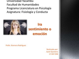 Ira
sentimiento o
emoción
Profe: Xiomara Rodríguez
Realizado por:
Santi Quintero
17.947.998
 