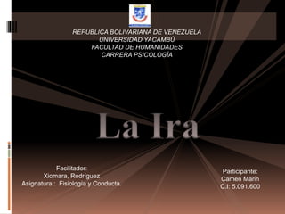 REPUBLICA BOLIVARIANA DE VENEZUELA
UNIVERSIDAD YACAMBÚ
FACULTAD DE HUMANIDADES
CARRERA PSICOLOGÍA
Participante:
Camen Marin
C.I: 5.091.600
Facilitador:
Xiomara, Rodríguez
Asignatura : Fisiología y Conducta.
 