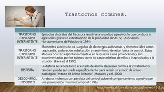 Trastornos comunes.
TRASTORNO
EXPLOSIVO
INTERMITENTE
Episodios discretos del fracaso a resistirse a impulsos agresivos lo que conduce a
agresiones graves o a destrucción de la propiedad (DSM-IV) (Asociación
Norteamericana de Psiquiatría 1994)
TRASTORNO
EXPLOSIVO
INTERMITENTE
Momentos súbitos de ira, surgidos de descargas autónomas y síntomas tales como
taquicardia, sudoración, rubefacción y sentimiento de estar fuera de control. Estos
ataques ocurren espontáneamente o en respuesta a una provocación y son
experimentados por los sujetos como no característicos de ellos e inapropiados a la
situación (Fava et al 1990)
DISFORIA
La disforia se refiere tanto al estado de ánimo depresivo como a la irritabilidad y
también puede ser usada específicamente para referir un estado de ánimo
patológico “estado de ánimo irritable” (Musalek y col. 2000)
DESCONTROL
EPISÓDICO
Arrebatos violentos con pérdida del control sobre el comportamiento agresivo por
una provocación mínima (Campbell 1996)
http://www.cat-barcelona.com/pdfret/ret_45-2.pd
 