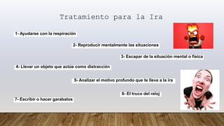 Tratamiento para la Ira
1- Ayudarse con la respiración
2- Reproducir mentalmente las situaciones
3- Escapar de la situación mental o física
4- Llevar un objeto que actúe como distracción
5- Analizar el motivo profundo que te lleva a la ira
6- El truco del reloj
7- Escribir o hacer garabatos
 