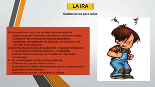 LA IRA
1-Incrementar las conductas sociales positivas mediante:
a)aprendizaje de habilidades para hacer y mantener amigos.
b)desarrollo de interacciones sociales placenteras.
c)desarrollo de habilidades de expresión de opiniones y de
escucha en la interacción.
2-Desarrollo de estrategias de autocontrol y regulación emocional:
a) reconociendo extremos afectivos y nivelándolos
b)diferenciando respuestas emocionales de respuestas
conductuales.
3- Uso de estrategias de solución de problemas:
a)Detenerse y pensar antes de actuar.
b) planteando múltiples alternativas de solución analizando sus
potenciales consecuencias.
c)aplicando la solución y evaluando su utilidad.
Control de ira para niños
 