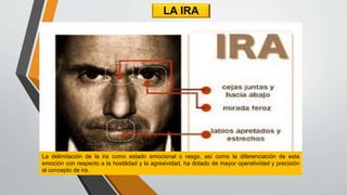 LA IRA
La delimitación de la ira como estado emocional o rasgo, así como la diferenciación de esta
emoción con respecto a la hostilidad y la agresividad, ha dotado de mayor operatividad y precisión
al concepto de ira.
 