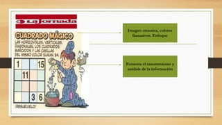 Imagen atractiva, colores
llamativos. Enfoque
Fomenta el razonamiento y
análisis de la información
 