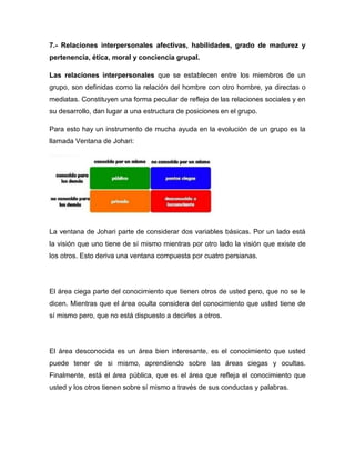 7.- Relaciones interpersonales afectivas, habilidades, grado de madurez y
pertenencia, ética, moral y conciencia grupal.
Las relaciones interpersonales que se establecen entre los miembros de un
grupo, son definidas como la relación del hombre con otro hombre, ya directas o
mediatas. Constituyen una forma peculiar de reflejo de las relaciones sociales y en
su desarrollo, dan lugar a una estructura de posiciones en el grupo.
Para esto hay un instrumento de mucha ayuda en la evolución de un grupo es la
llamada Ventana de Johari:
La ventana de Johari parte de considerar dos variables básicas. Por un lado está
la visión que uno tiene de sí mismo mientras por otro lado la visión que existe de
los otros. Esto deriva una ventana compuesta por cuatro persianas.
El área ciega parte del conocimiento que tienen otros de usted pero, que no se le
dicen. Mientras que el área oculta considera del conocimiento que usted tiene de
sí mismo pero, que no está dispuesto a decirles a otros.
El área desconocida es un área bien interesante, es el conocimiento que usted
puede tener de si mismo, aprendiendo sobre las áreas ciegas y ocultas.
Finalmente, está el área pública, que es el área que refleja el conocimiento que
usted y los otros tienen sobre sí mismo a través de sus conductas y palabras.
 