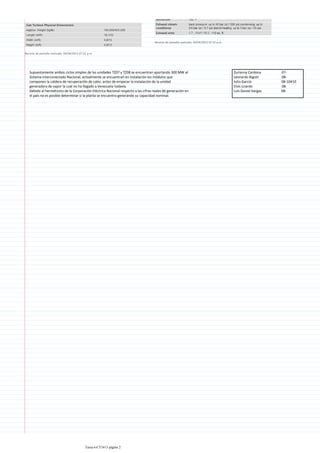 Recorte de pantalla realizado: 04/04/2013 07:52 p.m.

Recorte de pantalla realizado: 04/04/2013 07:52 p.m.

Supuestamente ambos ciclos simples de las unidades TZ07 y TZ08 se encuentran aportando 300 MW al
Sistema Interconectado Nacional, actualmente se encuentran en instalación los módulos que
componen la caldera de recuperación de calor, antes de empezar la instalación de la unidad
generadora de vapor la cual no ha llegado a Venezuela todavía.
Debido al hermetismo de la Corporación Eléctrica Nacional respecto a las cifras reales de generación en
el país no es posible determinar si la planta se encuentra generando su capacidad nominal.

Tarea 6-CT3413 página 2

Zurianny Cardona
Leonardo Bigott
Julio García
Elvis Lizardo
Luis Daniel Vargas

070808-10410
0808-

 