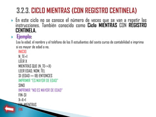    En este ciclo no se conoce el número de veces que se van a repetir las
    instrucciones. También conocido como Ciclo MIENTRAS CON REGISTRO
    CENTINELA.
    Ejemplo:
    Lea la edad, el nombre y el teléfono de los X estudiantes del sexto curso de contabilidad e imprima
    si es mayor de edad o no.
      INICIO
      N_TE=1
      LEER X
      MIENTRAS QUE (N_TE<=X)
      LEER EDAD, NOM, TEL
      SI (EDAD >= 18) ENTONCES
      IMPRIMIR “ES MAYOR DE EDAD”
      SINO
      IMPRIMIR “NO ES MAYOR DE EDAD”
      FIN-SI
      X=X+1
      FIN-MIENTRAS
      FIN
 