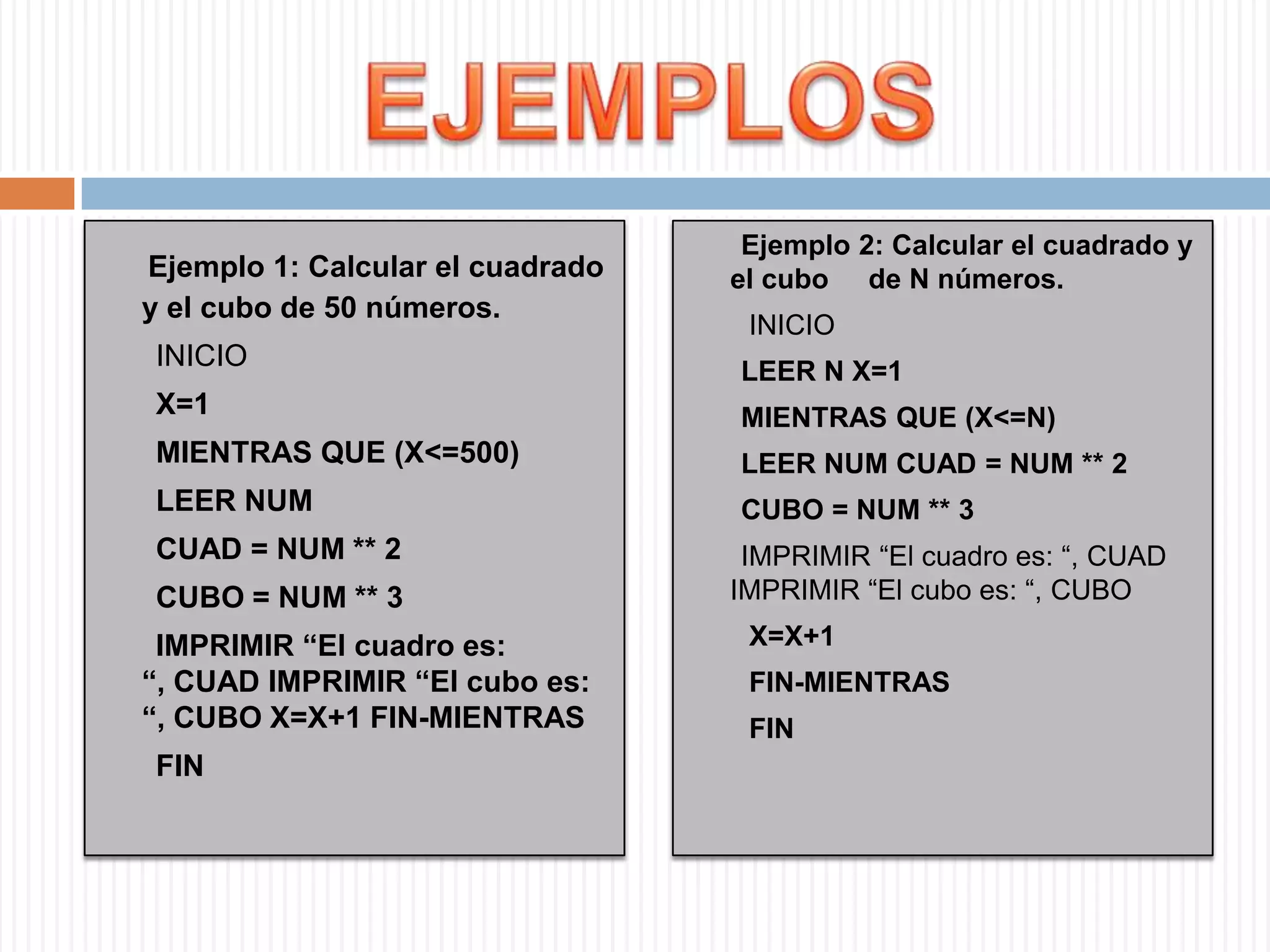 EJEMPLOS Ejemplo 1: Calcular el cuadrado y el cubo de 50 números.        INICIOX=1       MIENTRAS QUE (X<=500)LEER NUMCUAD= NUM ** 2       CUBO = NUM ** 3       IMPRIMIR “El cuadro es: “, CUAD IMPRIMIR “El cubo es: “, CUBO X=X+1 FIN-MIENTRASFIN        Ejemplo 2: Calcular el cuadrado y el cubo     de N números.         INICIOLEER N X=1MIENTRAS QUE (X<=N) LEERNUM CUAD = NUM ** 2CUBO = NUM ** 3IMPRIMIR “El cuadro es: “, CUAD IMPRIMIR “El cubo es: “, CUBOX=X+1        FIN-MIENTRAS       FIN 