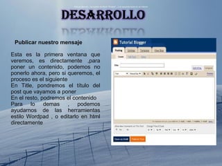 Publicar nuestro mensaje Esta es la primera ventana que veremos, es directamente ,para poner un contenido, podemos no ponerlo ahora, pero si queremos, el proceso es el siguiente En Title, pondremos el título del post que vayamos a poner En el resto, podremos el contenido Para lo demas , podemos ayudarnos de las herramientas estilo Wordpad , o editarlo en html directamente Para el ejemplo , he puesto de título "Prueba" , y el siguiente texto en su interior 
