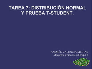 TAREA 7: DISTRIBUCIÓN NORMAL
Y PRUEBA T-STUDENT.
ANDRÉS VALENCIA MEGÍAS
Macarena grupo B, subgrupo 8
 