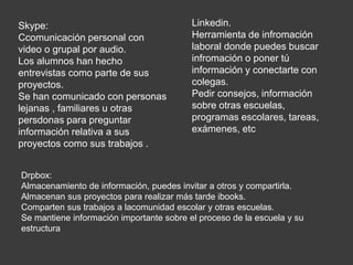 Skype:
Ccomunicación personal con
video o grupal por audio.
Los alumnos han hecho
entrevistas como parte de sus
proyectos.
Se han comunicado con personas
lejanas , familiares u otras
persdonas para preguntar
información relativa a sus
proyectos como sus trabajos .
Linkedin.
Herramienta de infromación
laboral donde puedes buscar
infromación o poner tú
información y conectarte con
colegas.
Pedir consejos, información
sobre otras escuelas,
programas escolares, tareas,
exámenes, etc
Drpbox:
Almacenamiento de información, puedes invitar a otros y compartirla.
Almacenan sus proyectos para realizar más tarde ibooks.
Comparten sus trabajos a lacomunidad escolar y otras escuelas.
Se mantiene información importante sobre el proceso de la escuela y su
estructura
 