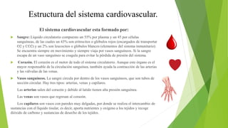 Estructura del sistema cardiovascular.
El sistema cardiovascular esta formado por:
 Sangre: Líquido circulatorio compuesto un 55% por plasma y un 45 por células
sanguíneas, de las cuales un 43% son eritrocitos o glóbulos rojos (encargados de transportar
O2 y CO2) y un 2% son leucocitos o glóbulos blancos (elementos del sistema inmunitario).
Se encuentra siempre en movimiento y siempre viaja por vasos sanguíneos. Si la sangre
escapa de un vaso sanguíneo se coagula para evitar la pérdida de presión del sistema.
 Corazón. El corazón es el motor de todo el sistema circulatorio. Aunque este órgano es el
mayor responsable de la circulación sanguínea, también ayuda la contracción de las arterias
y las válvulas de las venas.
 Vasos sanguíneos. La sangre circula por dentro de los vasos sanguíneos, que son tubos de
sección circular. Hay tres tipos: arterias, venas y capilares.
Las arterias salen del corazón y debido al latido tienen alta presión sanguínea.
Las venas son vasos que regresan al corazón.
Los capilares son vasos con paredes muy delgadas, por donde se realiza el intercambio de
sustancias con el líquido tisular, es decir, aporta nutrientes y oxígeno a los tejidos y recoge
dióxido de carbono y sustancias de desecho de los tejidos.
 