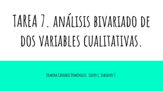 TAREA 7. análisis bivariado de
dos variables cualitativas.
Yasmina Carrabeo Domínguez. Grupo 1, Subgrupo 3.
 