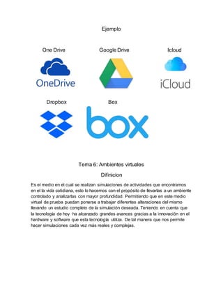 Ejemplo
One Drive Google Drive Icloud
Dropbox Box
Tema 6: Ambientes virtuales
Difinicion
Es el medio en el cual se realizan simulaciones de actividades que encontramos
en el la vida cotidiana, esto lo hacemos con el propósito de llevarlas a un ambiente
controlado y analizarlas con mayor profundidad. Permitiendo que en este medio
virtual de prueba puedan ponerse a trabajar diferentes alteraciones del mismo
llevando un estudio completo de la simulación deseada. Teniendo en cuenta que
la tecnología de hoy ha alcanzado grandes avances gracias a la innovación en el
hardware y software que esta tecnología utiliza. De tal manera que nos permite
hacer simulaciones cada vez más reales y complejas.
 