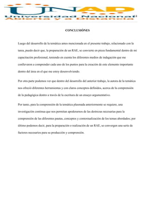 14
CONCLUSIÓNES
Luego del desarrollo de la temática antes mencionada en el presente trabajo, relacionado con la
tarea, puedo decir que, la preparación de un RAE, se convierte en pieza fundamental dentro de mi
capacitación profesional, teniendo en cuenta los diferentes medios de indagación que me
conllevaron a comprender cada uno de los puntos para la creación de este elemento importante
dentro del área en el que me estoy desenvolviendo.
Por otra parte podemos ver que dentro del desarrollo del anterior trabajo, la autora de la temática
nos ofreció diferentes herramientas y con claros conceptos definidos, acerca de la comprensión
de la pedagógica dentro a través de la escritura de un ensayo argumentativo.
Por tanto, para la comprensión de la temática plasmada anteriormente se requiere, una
investigación continua que nos permitan apoderarnos de las destrezas necesarias para la
comprensión de las diferentes pautas, conceptos y contextualización de los temas abordados; por
último podemos decir, para la preparación o realización de un RAE, se convergen una serie de
factores necesarios para su producción y comprensión.
 