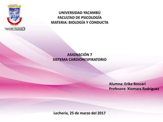 UNIVERSIDAD YACAMBÚ
FACULTAD DE PSICOLOGÍA
MATERIA: BIOLOGÍA Y CONDUCTA
ASIGNACIÓN 7
SISTEMA CARDIORESPIRATORIO
Alumna: Erika Boscari
Profesora: Xiomara Rodríguez
Lechería, 25 de marzo del 2017