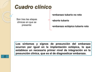 Cuadro clínico 
Son tres las etapas 
clínicas en que se 
presenta: 
•embarazo tubario no roto 
•aborto tubario 
•embarazo ectópico tubario roto 
Los síntomas y signos de presunción del embarazo 
ocurren por igual en la implantación ectópica, lo que 
establece un necesario primer nivel de integración en la 
presunción clínica, que es el de diagnosticar embarazo. 
 