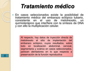 Tratamiento médico 
 En casos seleccionados existe la posibilidad de 
tratamiento médico del embarazo ectópico tubario, 
consistente en el uso de metotrexato, un 
quimioterápico que interfiere con la síntesis de DNA 
y con ello la multiplicación celular. 
Al respecto, hay datos de inyección directa de 
metotrexato al sitio de implantación del 
embarazo ectópico, cuyos resultados, sobre 
todo en localización abdominal, cervical, 
segmentaria y ovárica en casos seleccionados, 
parecen alentadores en lo que respecta a 
preservación de la función reproductiva 
 