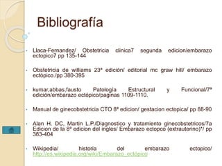 Bibliografía 
• Llaca-Fernandez/ Obstetricia clinica7 segunda edicion/embarazo 
ectopico7 pp 135-144 
• Obstetricia de williams 23ª edición/ editorial mc graw hill/ embarazo 
ectópico./pp 380-395 
• kumar,abbas,fausto Patología Estructural y Funcional/7ª 
edición/embarazo ectópico/paginas 1109-1110. 
• Manual de ginecobstetricia CTO 8ª edicion/ gestacion ectopica/ pp 88-90 
• Alan H. DC, Martin L.P./Diagnostico y tratamiento ginecobstetricos/7a 
Edicion de la 8ª edicion del ingles/ Embarazo ectopco (extrauterino)*/ pp 
383-404 
• Wikipedia/ historia del embarazo ectopico/ 
http://es.wikipedia.org/wiki/Embarazo_ectópico 
