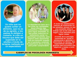 Un niño que no
quiere comer un
alimento, que no es
de su agrado, y los
padres le obligan a
comerlo; le crea un
trauma que debe ser
superado en la
adultez a través de
terapias realizada por
un especialista
La obesidad les hace ver a
las niñas ser rechazadas,
desarrollando baja
autoestima y dificultades
para lograr amistades, lo
que puede traducirse en
aislamiento social. La
psicología humanista, para
mejorar estas situaciones,
trata de transmitir empatía
por el paciente y entender
la experiencia de su mundo,
para poder comprenderle
A veces los adolescentes
carecen de motivación en
los estudios, porque no ven
una conexión entre el
trabajo que se les pide que
hagan y sus intereses para
lograr metas.
A través de la psicolgía
humanista se ayuda al
adolescente a aprender a
administrar su tiempo, fijar
expectativas elevadas y
guiarlos para encontrar sus
objetivos y metas a corto
plazo.
EJEMPLOS DE PSICOLOGÍA HUMANISTA
 