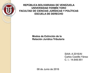 REPÚBLICA BOLIVARIANA DE VENEZUELA
UNIVERSIDAD FERMÍN TORO
FACULTAD DE CIENCIAS JURÍDICAS Y POLÍTICAS
ESCUELA DE DERECHO
Modos de Extinción de la
Relación Jurídica Tributaria
08 de Junio de 2016
SAIA: A 2016/AI
Carlos Castillo Yánez
C. I.: 14.648.951
 