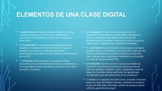 ELEMENTOS DE UNA CLASE DIGITAL
• 1. Inicio Docente: Donde se enmarca el recurso de forma
curricular (orientada a la forma en que trabajarán los
estudiantes y las actitudes y/o valores que se espera que
desarrollen).
• 2. Presentación: Se realiza una presentación dirigida al
estudiante en donde se le da la bienvenida al trabajo, al
estudiante (asociados al contenido), habilidades y
procedimientos (asociados a las actividades, principalmente al
uso de TIC)
• 3. Activación: Para introducir a la temática de forma
motivadora y los conocimientos previos de los estudiantes, se
le entrega algún recurso motivador el que suele ser un video
asociado a la temática.
• 4.- Contenidos: En esta sección están presentes los
contenidos de la temática, los cuales deben presentarse en
formato multimedial, para adjuntar hipervínculos de
profundización de concepto o temáticas y ciertos recursos de
video, audio o imágenes para enriquecer el contenido.
• 5.- Actividad: Esta actividad debe traducirse en un producto
que debe resolver el estudiante, con uso de TIC a partir de una
situación problemática que plantee el recurso, lo cual debe
estar explicado paso a paso para el estudiante y en lo posible
si se trata de una herramienta TIC.
• 6. Evaluación: En esta sección se colocan actividades de
evaluación, (al estudiante pudiéndose tratarse de ítem de
selección múltiple, verdadero o falso, crucigramas, sopas de
letras, etc, los cuales deben medir tanto los aprendizajes
conceptuales como procedimentales de los estudiantes.
• 7. Cierre: es el apartado final del recurso, en donde el docente
realiza un cierre del trabajo realizado, señalando al estudiante
lo que este debe haber aprendido, además de proponer alguna
reflexión, generalmente grupal.
 