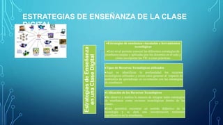 ESTRATEGIAS DE ENSEÑANZA DE LA CLASE
DIGITAL
EstrategiasdeEnseñanza
enunaClaseDigital
Estrategias de enseñanza vinculadas a herramientas
tecnológicas
Este nivel permite conocer las diferentes estrategias de
enseñanza usadas y aplicadas por los docentes en el aula y
cómo incorporan las TIC a estas prácticas.
Tipos de Recursos Tecnológicos utilizados
Aquí se identifican la profundidad los recursos
tecnológicos utilizados y cómo estos generan al impacto de
ambientes de aprendizaje en co-relación con las estrategias
de enseñanza
Utilización de los Recursos Tecnológicos
Se observa y analiza la manera de integrar tanto estrategias
de enseñanza como recursos tecnológicos dentro de las
clases.
Esto permitirá encontrar un sentido didáctico de la
tecnología y se dará una incorporación realmente
significativa en la enseñanza.
 