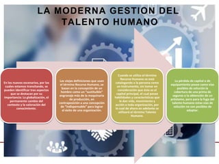 LA MODERNA GESTION DEL
TALENTO HUMANO
En los nuevos escenarios, por los
cuales estamos transitando, se
pueden identificar tres aspectos
que se destacan por su
importancia: La globalización, el
permanente cambio del
contexto y la valoración del
conocimiento.
Las viejas definiciones que usan
el término Recurso Humano, se
basan en la concepción de un
hombre como un “sustituible”
engranaje más de la maquinaria
de producción, en
contraposición a una concepción
de “indispensable” para lograr
el éxito de una organización.
Cuando se utiliza el término
Recurso Humano se está
catalogando a la persona como
un instrumento, sin tomar en
consideración que éste es el
capital principal, el cual posee
habilidades y características que
le dan vida, movimiento y
acción a toda organización, por
lo cual de ahora en adelante se
utilizará el término Talento
Humano.
La pérdida de capital o de
equipamiento posee como vías
posibles de solución la
cobertura de una prima de
seguros o la obtención de un
préstamo, pero para la fuga del
talento humano estas vías de
solución no son posibles de
adoptar.
 