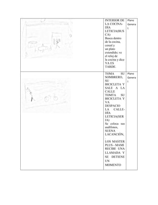 
INTERIOR DE
LA COCINA-
DÍA
LETICIA(BUS
CA)
Busca dentro
de la cocina,
cereal y
un plato
extendido; ve
el reloj de
la cocina y dice
YA ES
TARDE.	
  
Plano	
  
Genera
l.	
  
	
  
	
  
TOMA SU
SOMBRERO,
SU
BICICLETA Y
SALE A LA
CALLE
TOMTA SU
BICICLETA Y
VA
DESPACIO
LA CALLE-
DÍA
LETICIA(SER
IA)
Se coloca sus
audífonos,
SUENA
LACANCIÓN,
.
LOS MASTER
PLUS - MAMI
RECIBE UNA
LLAMADA Y
SE DETIENE
UN
MOMENTO	
  
Plano	
  
Genera
l	
  
 