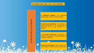 ELEMENTOSDELAULAINVERTIDA
a) Ambientes flexibles.- Los estudiantes
pueden elegir cuando y donde aprender,
b) Cultura de aprendizaje.- se evidencia un
cambio deliberado en la aproximación al
aprendizaje de una clase centrada en el
profesor.
c) Contenido intencional.- Integración de
métodos y estrategias de enseñanza basado en
la edad del estudiante.
d) Docente profesional.- Debe definir que y
como cambiar el modelo educativo tradicional.
ELEMENTOS DELAULA INVERTIDA
 