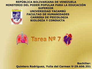 REPÚBLICA BOLIVARIANA DE VENEZUELA
MINSTERIO DEL PODER POPULAR PARA LA EDUCACIÓN
SUPERIOR
UNIVERSIDAD YACAMBÚ
FACULTAD DE HUMANIDADES
CARRERA DE PSICOLOGIA
BIOLOGÌA Y CONDUCTA
Bachiller:
Quintero Rodríguez, Yulia del Carmen V-29.606.351
 