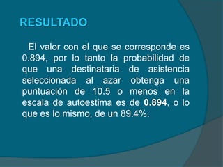 RESULTADO

 El valor con el que se corresponde es
0.894, por lo tanto la probabilidad de
que una destinataria de asistencia
seleccionada al azar obtenga una
puntuación de 10.5 o menos en la
escala de autoestima es de 0.894, o lo
que es lo mismo, de un 89.4%.
 