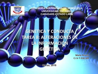 REPUBLICA BOLIVARIANA DE VENEZUELA
UNIVERSIDAD YACAMBU
CABUDARE-ESTADO LARA
GENETICA Y CONDUCTA
TAREA 8: ALTERACIONES DE
LA INFORMACIÓN
GENÉTICA
 