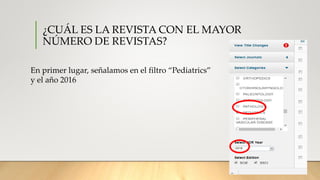 ¿CUÁL ES LA REVISTA CON EL MAYOR
NÚMERO DE REVISTAS?
En primer lugar, señalamos en el filtro “Pediatrics”
y el año 2016
 
